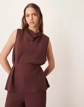 ASOS DESIGN приталенный драпированный топ с узким поясом шоколадного цвета