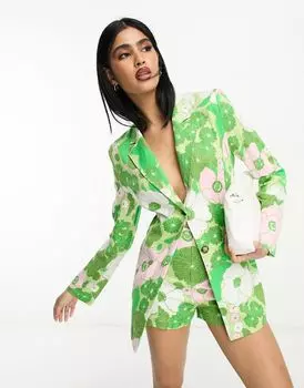 ASOS DESIGN – приталенный пиджак из льняного материала, завязывающийся сзади, с цветочным узором в стиле ретро