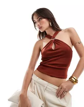 ASOS DESIGN – Приталенный топ с воротником-халтером ржаво-красного цвета и окантовкой