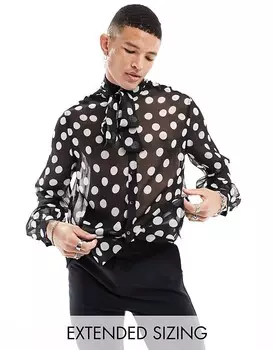 ASOS DESIGN – Прозрачная рубашка свободного кроя черного цвета в крупный горошек и завязывающийся воротник