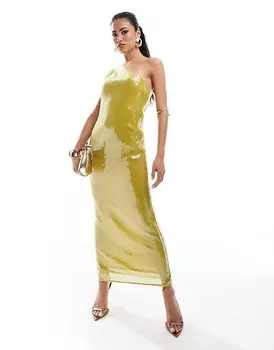 ASOS DESIGN – прозрачное платье миди на одно плечо горчичного цвета с пайетками