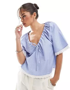 ASOS DESIGN – пышная блузка с синими полосками, собранными у выреза