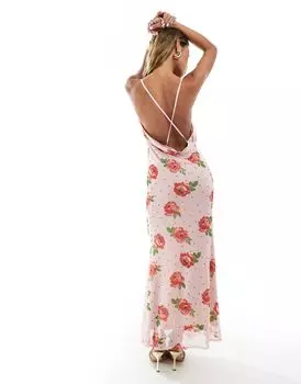 ASOS DESIGN – розовое платье макси с бретелями в горошек и узором из роз