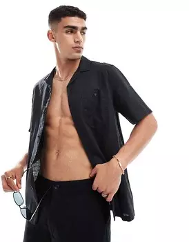 ASOS DESIGN – Рубашка свободного кроя из смесового льна черного цвета с воротником с лацканами