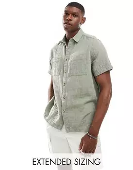 ASOS DESIGN – Рубашка свободного кроя с короткими рукавами светло-хаки из грубого хлопка с воротником с лацканами