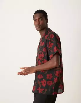 ASOS DESIGN – Рубашка свободного кроя с кубинским воротником с черно-красным цветочным узором