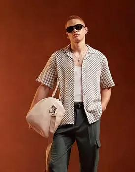 ASOS DESIGN – рубашка свободного кроя с кубинским воротником в вязаную клетку черного и экрю цвета
