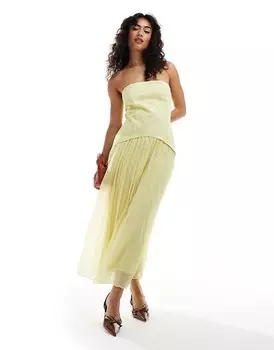 ASOS DESIGN – Салатовое платье-бандо из твила с промытым плиссированным шифоновым подолом