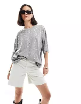 ASOS DESIGN – Серая футболка оверсайз, украшенная кристаллами