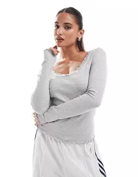 ASOS DESIGN – Серая футболка с длинными рукавами, овальным вырезом и кружевной отделкой