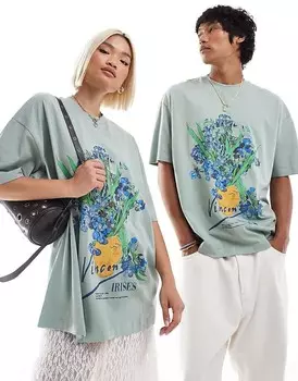 ASOS DESIGN – Серая футболка унисекс с лицензионным принтом Винсента Ван Гога, объемный крой