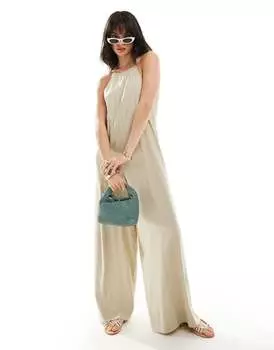 ASOS DESIGN – Серо-бежевый комбинезон-боксер из льна, вышитого крестиком