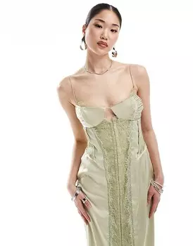 ASOS DESIGN – Серо-зеленое платье миди на крючках с узором в стиле пэчворк, атлас и кружево