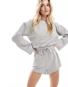 ASOS DESIGN – Серый укороченный комбинезон с длинными рукавами и короткие шорты