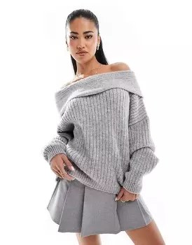 ASOS DESIGN – Серый вязаный свитер оверсайз с открытыми плечами