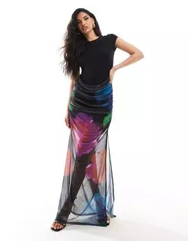 ASOS DESIGN – сетчатое платье-макси 2-в-1 с темным цветочным узором