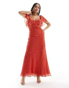 ASOS DESIGN – шифоновое платье макси с атласным лифом и расклешенными рукавами, косой крой, в мелкий горошек