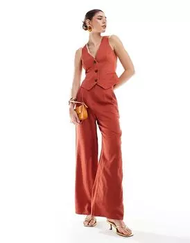 ASOS DESIGN – Широкие брюки с высокой талией цвета ржавчины со строчкой и льном