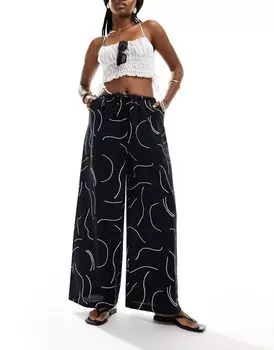 ASOS DESIGN - Широкие льняные брюки с черно-белым узором, часть комплекта