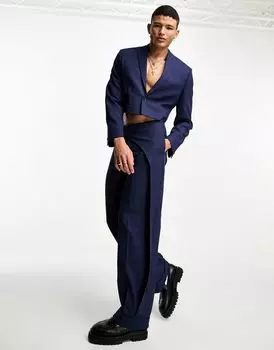 ASOS DESIGN – широкие темно-синие костюмные брюки со вставкой и поясом