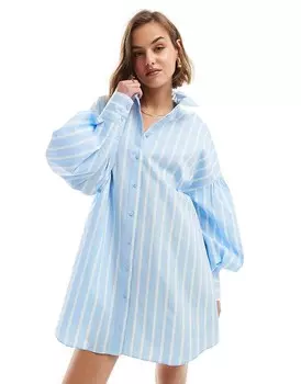 ASOS DESIGN Сине-белое платье-рубашка фасона бойфренда с объемными рукавами и узкими полосатыми манжетами