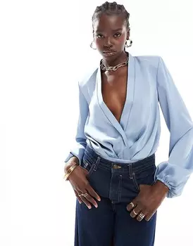 ASOS DESIGN – Синее боди с глубоким вырезом и подплечниками
