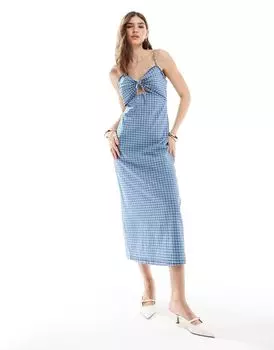ASOS DESIGN – синее джинсовое платье миди в клетку виши с вырезом