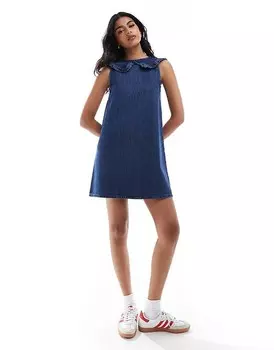 ASOS DESIGN – Синее джинсовое платье мини прямого кроя с воротником
