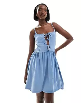 ASOS DESIGN – Синее мини-платье на бретельках, лиф с завязками спереди и пышная юбка