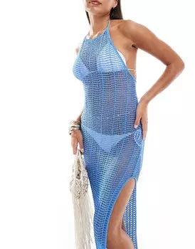 ASOS DESIGN – Синее пляжное платье макси с воротником-халтер и крючком