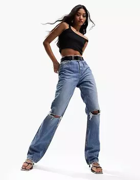 ASOS DESIGN – синие джинсы прямого кроя со средней посадкой и рваными коленями