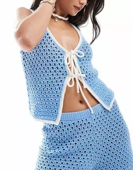 ASOS DESIGN – Синий вязаный пляжный топ с завязкой спереди и контрастной окантовкой