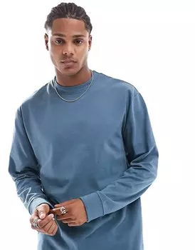 ASOS DESIGN – Синяя футболка свободного кроя с длинными рукавами и манжетами