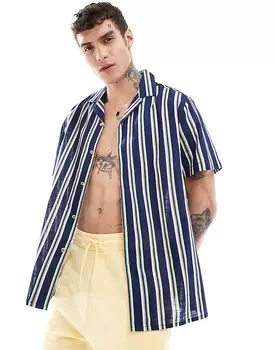 ASOS DESIGN – Синяя льняная рубашка свободного кроя с воротником с лацканами и полосками