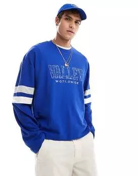 ASOS DESIGN – Синяя объемная футболка оверсайз с длинными рукавами и принтом «Долина» на груди, 220 г/м2