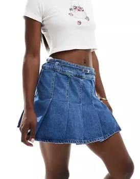 ASOS DESIGN – Синяя плиссированная джинсовая мини-юбка с объемным принтом и поясом