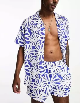 ASOS DESIGN – Синяя повседневная рубашка с ромашками и воротником с лацканами, однотонная