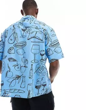 ASOS DESIGN – Синяя рубашка оверсайз с кубинским воротником в 3р узором с пищевым мотивом