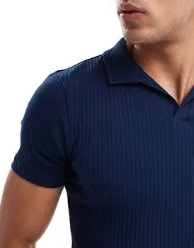 ASOS DESIGN – синяя рубашка-поло в рубчик подчеркивающего фигуру кроя