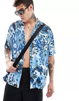 ASOS DESIGN – Синяя рубашка свободного кроя с кубинским воротником с цветочным узором