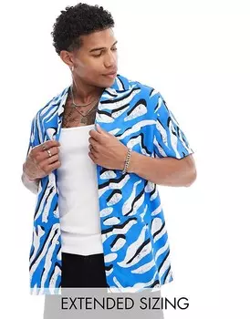 ASOS DESIGN – Синяя рубашка свободного кроя с животным принтом и воротником с лацканами