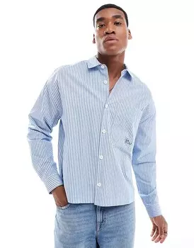 ASOS DESIGN – синяя рубашка свободного кроя в тонкую полоску с вышитыми надписями