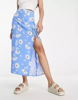 ASOS DESIGN – Синяя юбка-миди с ромашковым принтом, высоким разрезом и бантом