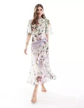 ASOS DESIGN — Сиреневое платье миди с высоким воротником, рукавами 3/4 и разрезом с цветочным принтом