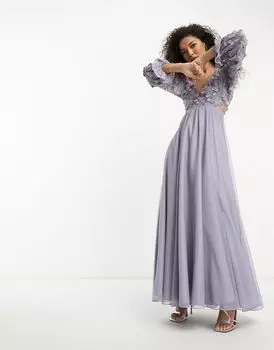 ASOS DESIGN — сиреневое платье миди с запахом и цветочным декором, тюлевая юбка