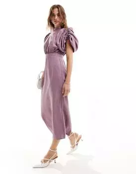 ASOS DESIGN – сиреневое платье миди с высоким воротником, объемными рукавами и приталенным подолом