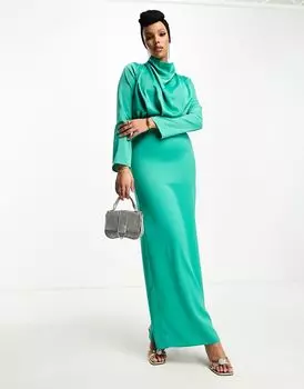 ASOS DESIGN Скромное атласное платье макси с высоким воротником, складками и длинными рукавами драгоценно-зеленого цвета