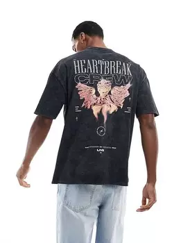 ASOS DESIGN – стираная зеленая футболка оверсайз с принтом плотностью 220 г/м