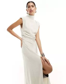 ASOS Design – Светло-бежевое льняное платье миди с высоким воротником, очень короткими рукавами, вырезом сзади и пуговицами