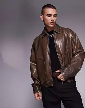ASOS DESIGN свободная куртка харрингтон из искусственной кожи в вымытом коричневом цвете